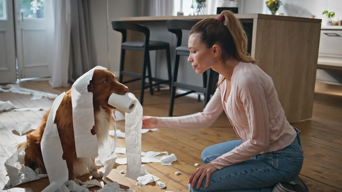 Une femme qui parle à un chien entouré de papier toilettes