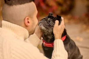 Un homme qui tient le visage d'un chien entre ses mains