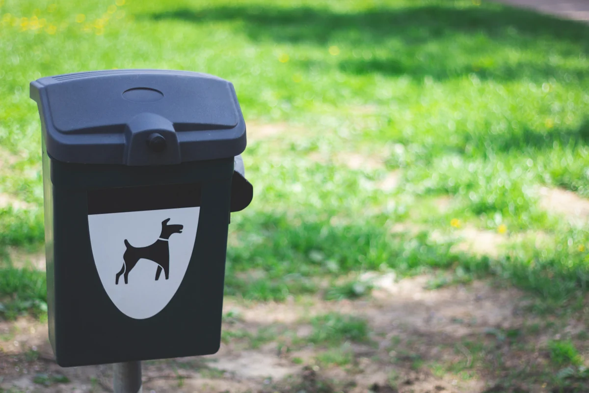 Poubelle grise crotte pour chien dans un jardin