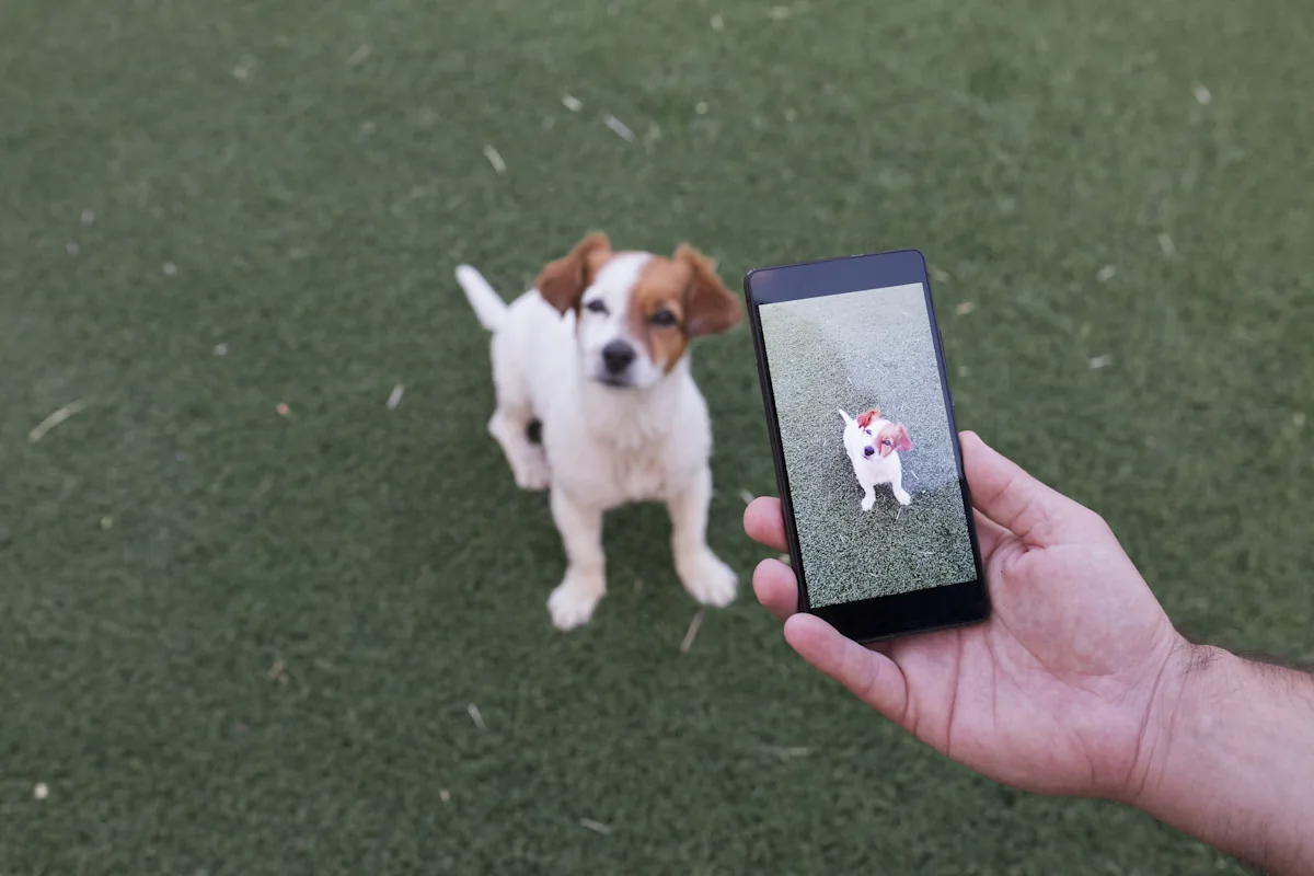 Une personne qui prend un chien en photo sans laisse