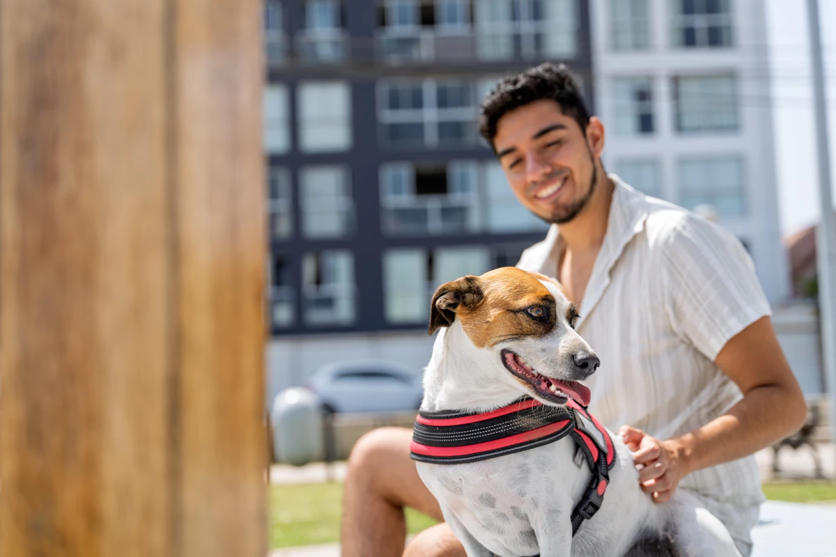 un homme qui joue avec un chien content